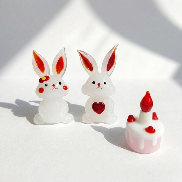 Lampwork Glass Bunny Sculpture, Rabbit Figurine Set for Easter, Miniature Bunny with Heart and Flower, Anniversary Keepsake, Birthday Gift