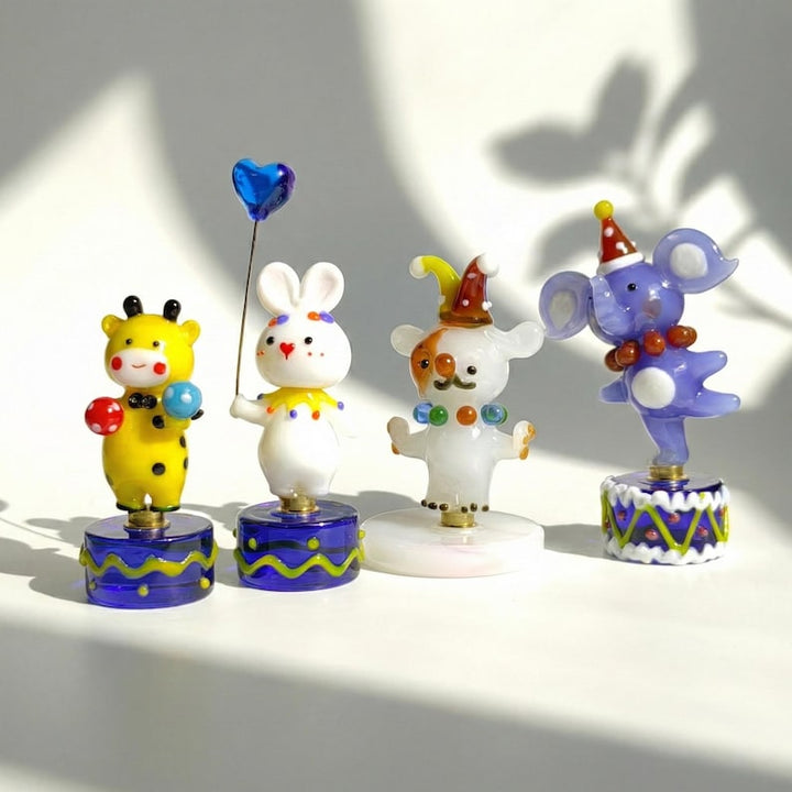 Spinning Glass Circus Animals, Handmade Clowncore Miniature Figurine, Lampwork Giraffe Bunny Dog Elephant, Whimsical Nursery Decor, Desk Toy