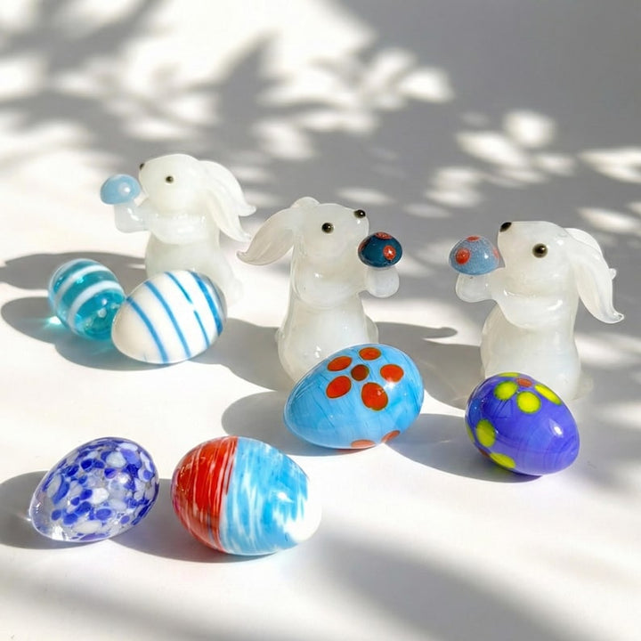 Handblown Glass Bunny with Mushroom Figurine, Lampwork Patterned Easter Egg, Tiered Tray Decor for Easter, Miniature Rabbit for Fairy Garden
