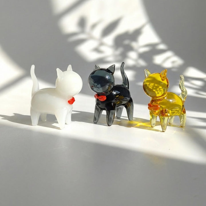 Lampwork Glass Cat Figurine, Handblown Crystal Clear Kitten with Bow, Unique Black Cat Lover Gift, Modern Home Decor, Monitor Buddy Gift