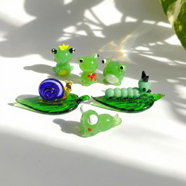 Miniature Glass Frog Snail and Caterpillar, Lampwork Frog Figurine for Fairy Garden, Handmade Micro Landscape Decor, Gift for Nature Lover