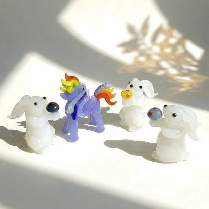 Handmade Glass Rabbit with Mushroom, Lampwork Horse Figurine, Easter Bunny Sculpture, Nursery Decor, Office Decor Trinket, Housewarming Gift