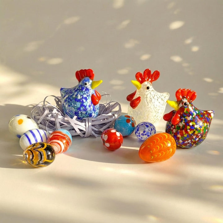 Hand Blown Glass Easter Egg & Chicken Figurines, Lampwork Rooster Sculpture, Easter Basket Filler, Miniature Glass Animal, Cottagecore Decor