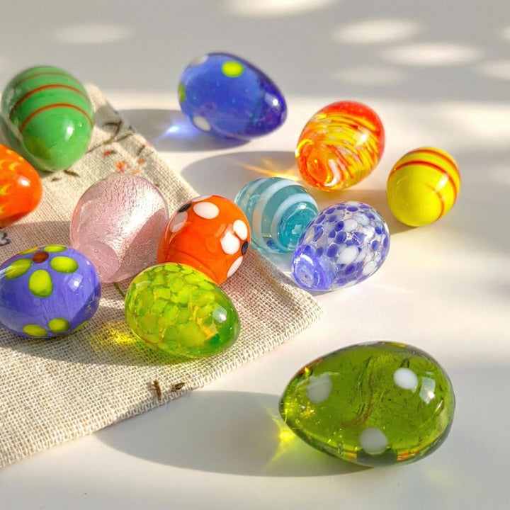 Handmade Glass Easter Egg Set - Spotted, Striped, Floral Designs - Easter Basket Filler for Kids, Spring Home Decor, Sun Catcher Gift