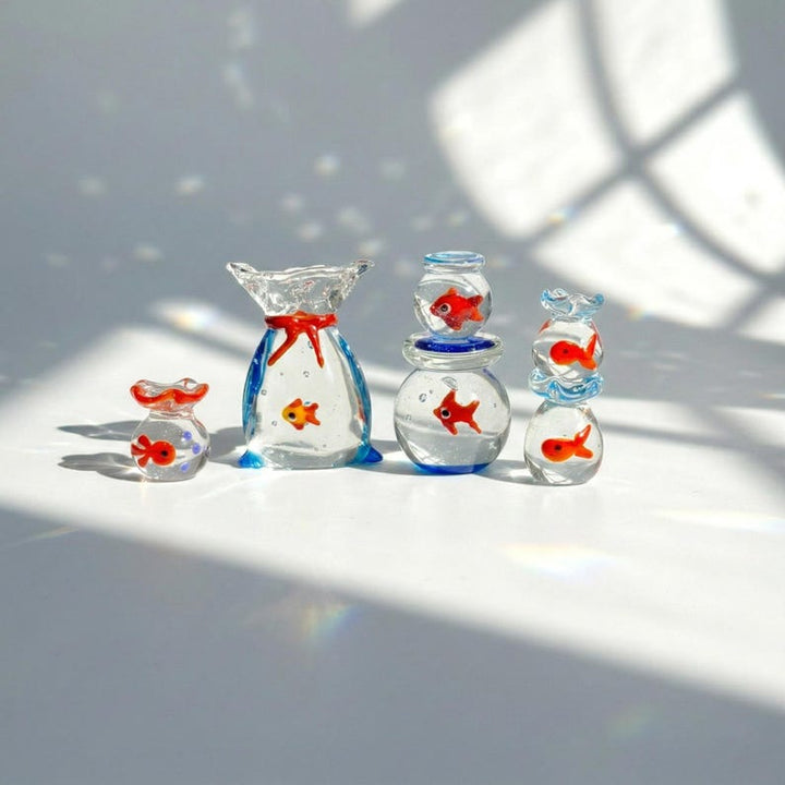 Miniature Glass Goldfish in Bag & Bowl, Handblown Lampwork Fish Figurine, Aquascape Art Accessory, Aquarium Lover Gift, Office Decor Trinket