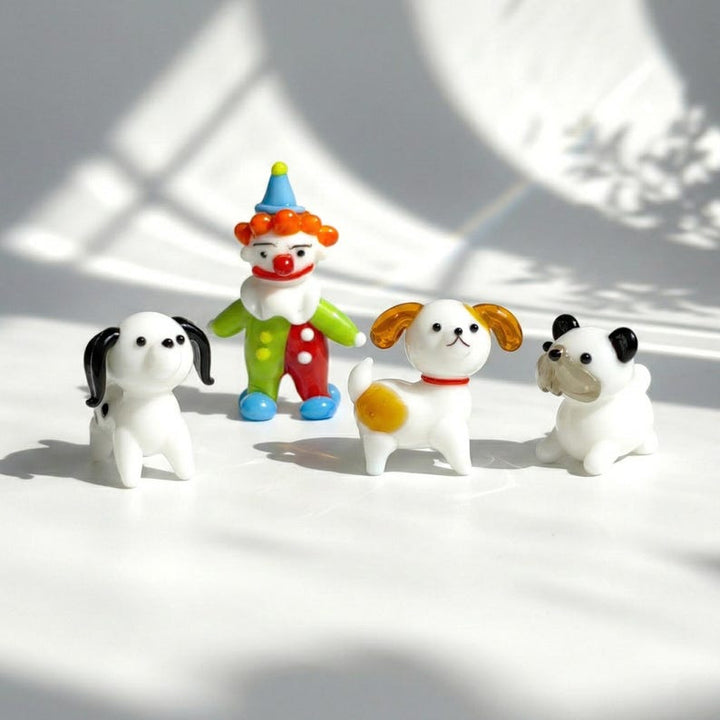 Handmade Glass Dog Figurine, Lampwork Kidcore Clown Decor, Blown Miniature Animals Collection, Gift for Pet Lover, Puppy Themed Cake Topper