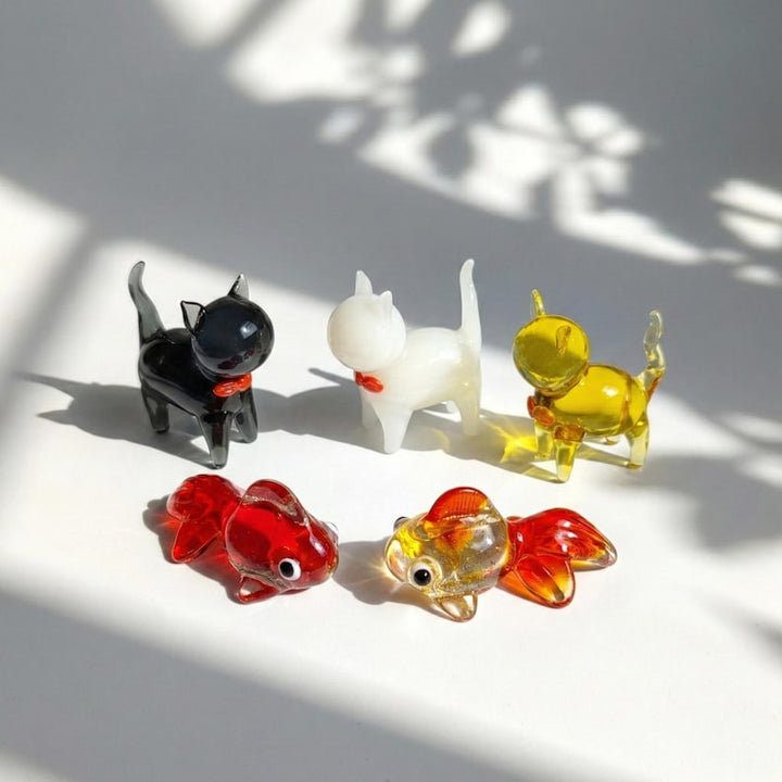 Miniature Glass Cat & Goldfish Figurine, Handblown Animal Sculpture, Cat Lover Gift, Japandi Style Coffee Table Decor, Bathroom Vanity Decor