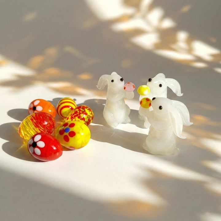 Handmade Easter Bunny Figurine, Lampwork White Rabbit with Mushroom, Tiny Spring Animal Decor, Easter Basket Toy, Whimsical Cake Topper