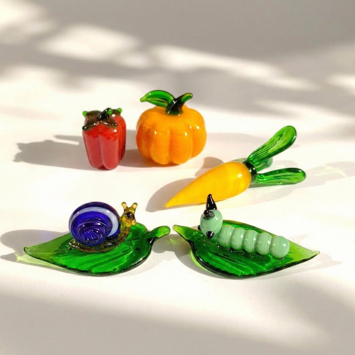 Handblown Glass Vegetable & Insect Figurine, Miniature Garden Set - Snail Caterpillar Pumpkin Carrot Pepper - Cottagecore Gift for Gardener
