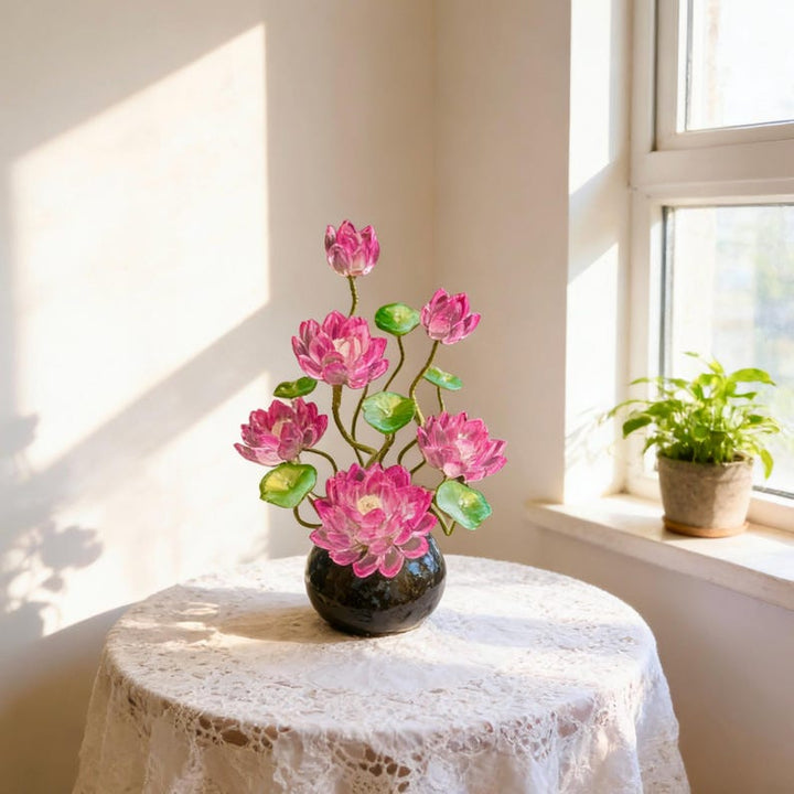 Handmade Glass Lotus Flower Decor with Vase, Pink Glass Flower – Birthday Gift for Her, Mother's Day Gift