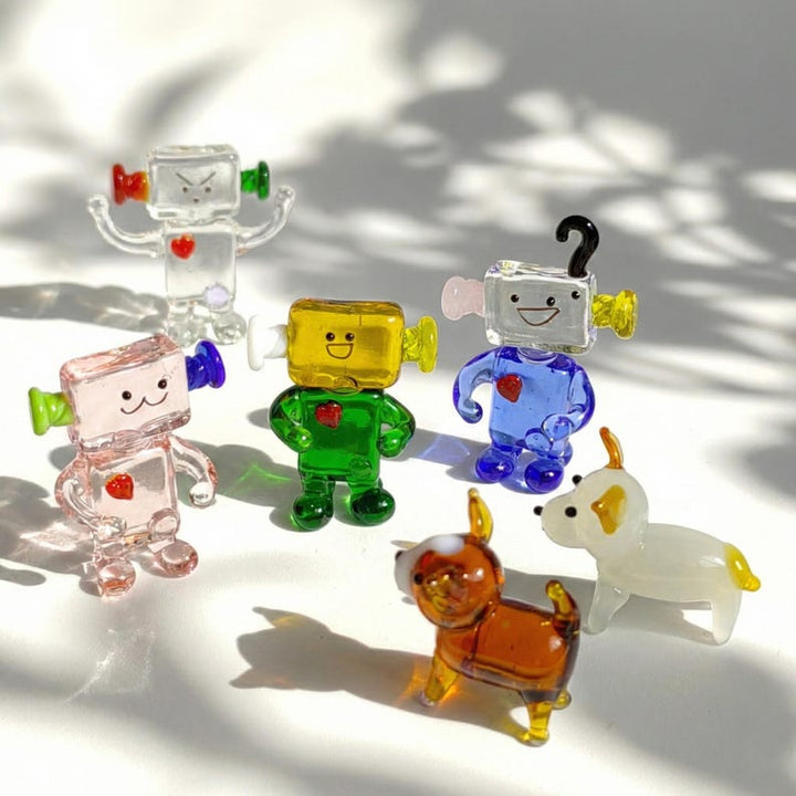 Handmade Glass Robot Figurine, Lampwork Miniature Puppy Sculpture, Aesthetic Floating Self Decor, Office Cubicle Toy, Dog Lover Gift Set