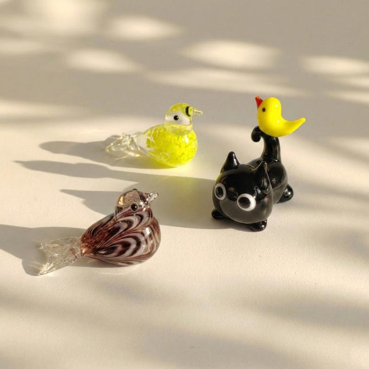 Blown Lampwork Glass Cat & Bird Miniature, Handmade Sparrow Figurine Collection, Tiny Animal Desk Pet Gift, Potted Plant Buddy, Fairy Garden