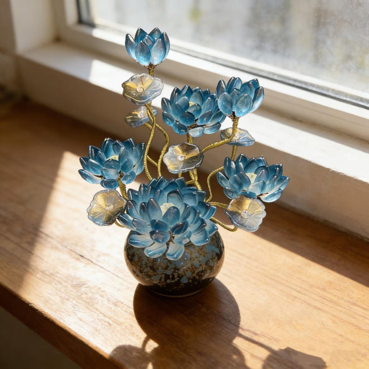 Handmade Blue Glass Lotus Flower Decor with Vase, Glass Flower – Birthday Gift for Her, Mother's Day Gift