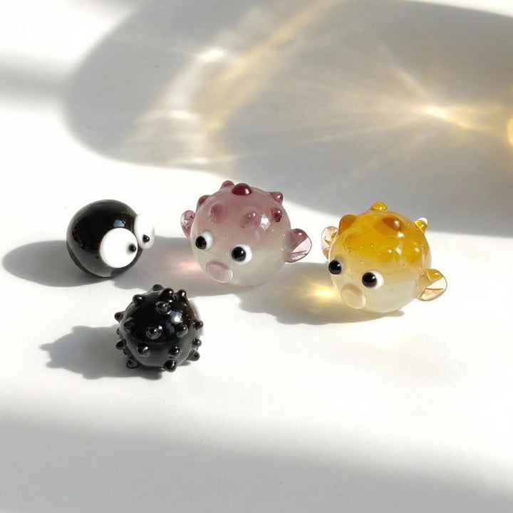 Glass Miniature Sea Creature, Lampwork Blown Pufferfish, Tiny Coal Ball Figurine, Nature Lover Gift, Fisherman Aesthetic, Coastal Desk Decor