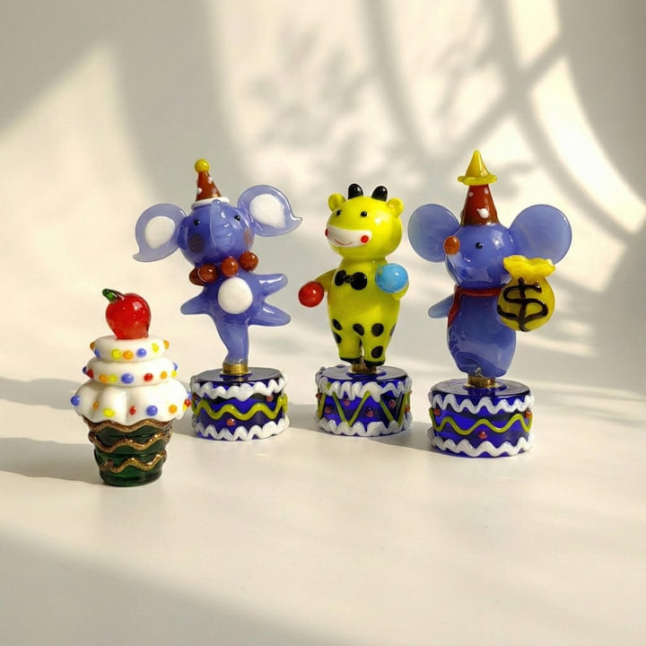 Handmade Glass Spinning Circus Animal Figurines - Elephant, Giraffe, Mouse - Lampwork Dessert Ice Cream, Kidcore Collectible Art, Desk Pet