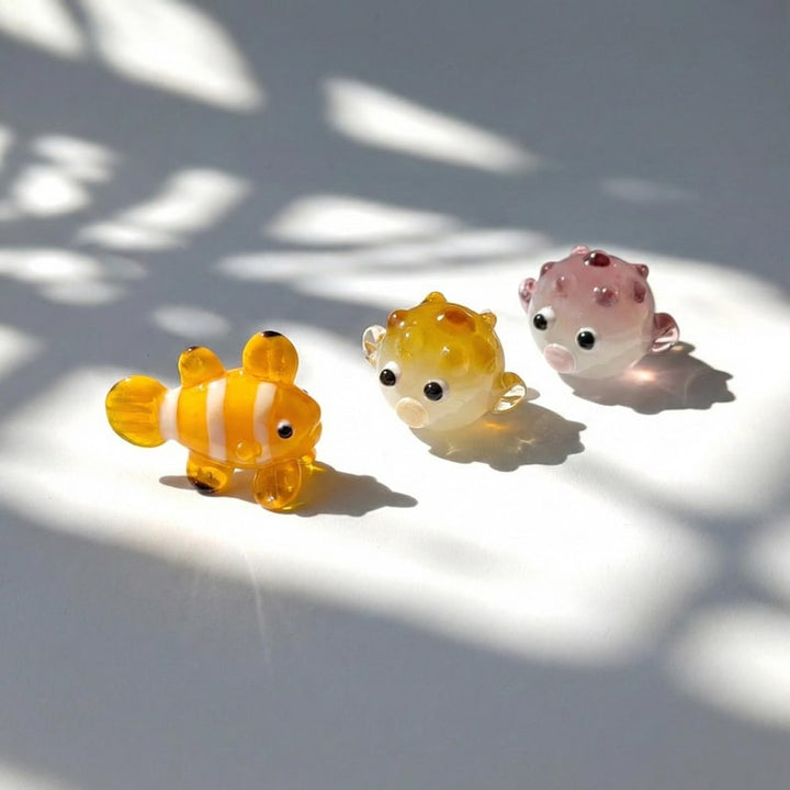 Lampwork Glass Sea Life Miniature - Pufferfish, Clownfish, Goldfish, Coal Ball - Fairy Garden & Succulent Terrarium Decor, Kawaii Desk Pet