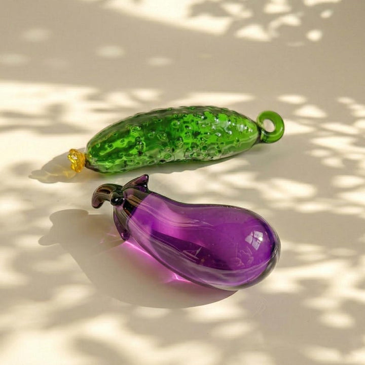 Handblown Glass Cucumber & Eggplant, Playful Miniature Food Sculpture, Cottagecore Gift  for Gardener, Boho Kitchen Decor, Fun Desk Figurine