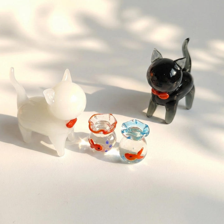 Handblown Glass Black Cat & Fish Figurine, Lampwork Kitty Gift for Pet Lover, Miniature Goldfish Bowl, Succulent Decor, Windowsill Ornament