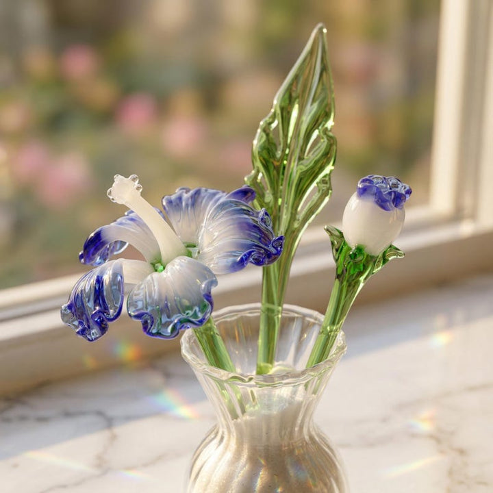 Handblown Glass Blue Hibiscus & Bud Bouquet, Lampwork Eternal Floral Gift for Mother's Day, Miniature Tropical Flower for Windowsill Decor