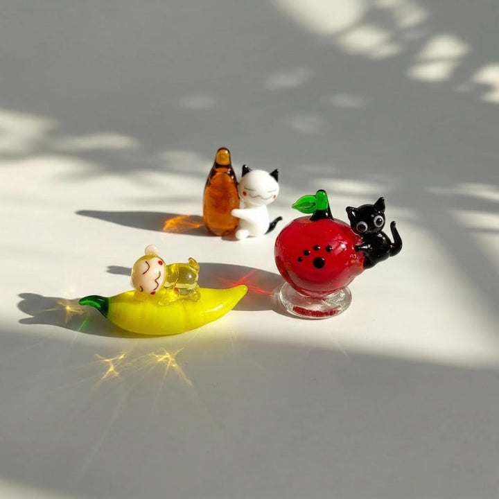 Blown Miniature Glass Monkey on Banana, Handmade Black Cat with Apple Figurine, Dopamine Desk Pet, Whimsical Animal Decor, Kitty with Bottle
