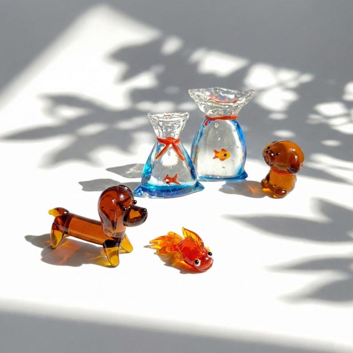 Handblown Miniature Glass Dog & Goldfish in Bag Sets, Lampwork Fish Figurine, Cute Desk Pal, Quirky Gift for Animal Lover, Terrarium Decor