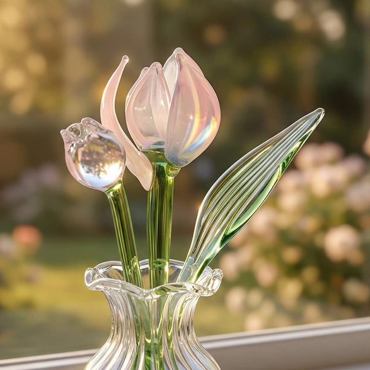 Handmade Pastel Pink Glass Tulip, Mother's Day Gift for Mom, Lampwork Flower in Vase for Her Birthday Present, Minimalist Spring Home Decor