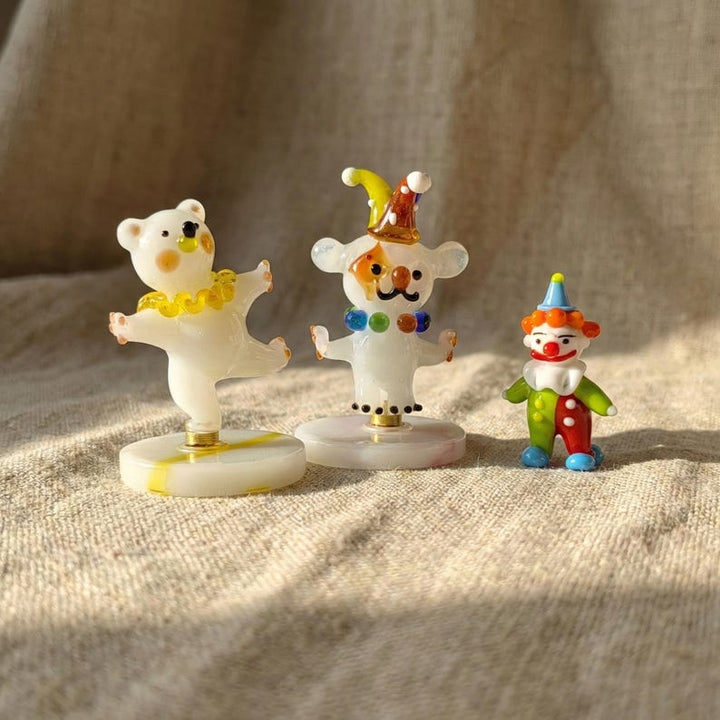 Clowncore Glass Animal Circus Figurine - Polar Bear, Dog, Cow - Whimsical Jester Clown Statue, Lampwork Rotating Miniature, Tniy Quirky Gift