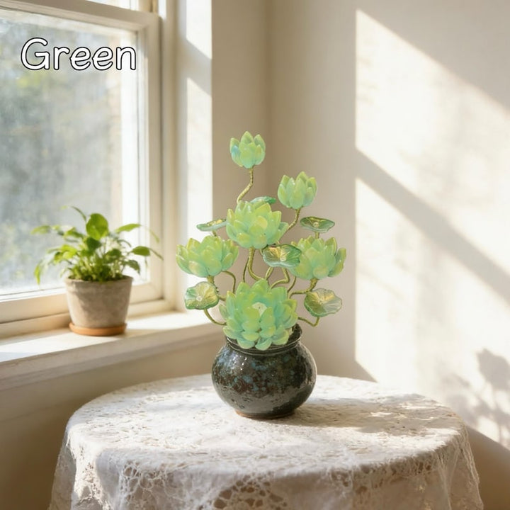 Green Glass Lotus Flower Sculpture Gift, Elegant Floral Art Decor,
