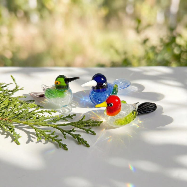 Colorful Miniature Blown Glass Bird Figurine, Lampwork Hummingbird for Mothers Day, Suncatcher for Kitchen Window, Whimsical Plant Pot Decor