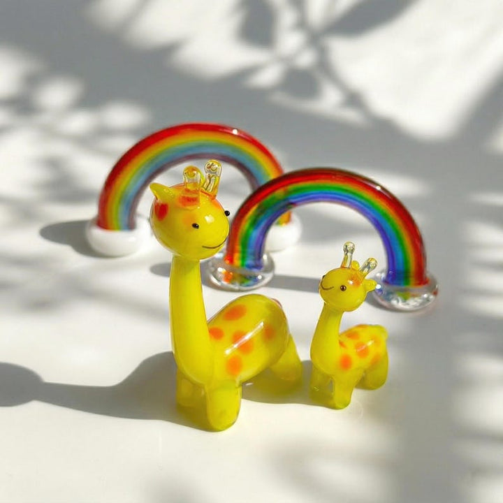 Lampwork Glass Giraffe Family & Rainbow Arch Figurine, Whimsical Nursery Shelf Sitter, Animal Lover New Home Gift, Dopamine Windowsill Decor