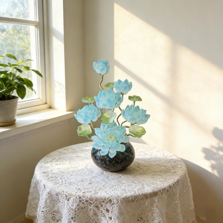 Blue Glass Lotus Flower Arrangement, Forever Flower Gift for Her,