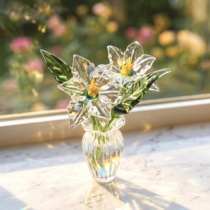 Handblown Clear Glass White Lily in Vase, Dainty Keepsake Gift for Mom, Miniature Floral Shelf Decor, Elegant Anniversary Everlasting Flower