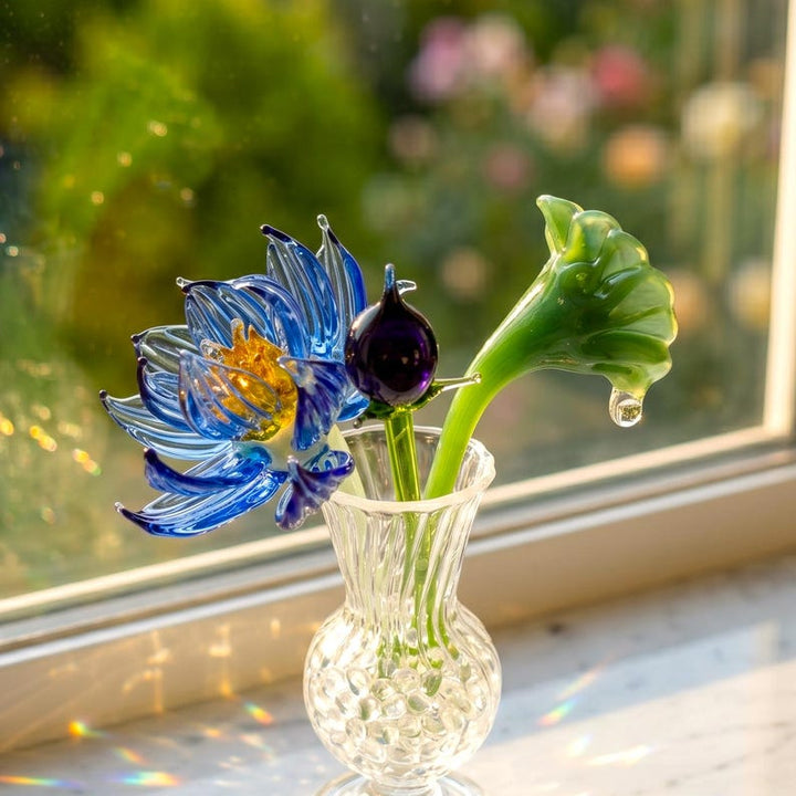 Handblown Blue Glass Water Lily Set, Whimsical Lotus Flower Bouquet in Vase, Mother's Day Gift for Mom, Fall Wedding Table Decor, Suncatcher