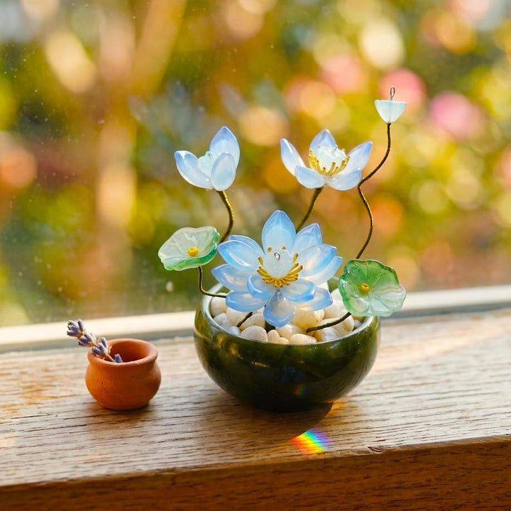 Handmade Elegant Glass Lotus Flower with Pot, Floral Desk Decor for Home Office, Minimalist Botanical Gift, Holiday Present for Plant Lover