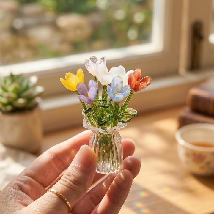 Miniature Lampwork Glass Flower Bouquet for Mother's Day, Everlasting Blooms Gift for Mom, Petite Floral Keepsake, Pastel Spring Desk Decor