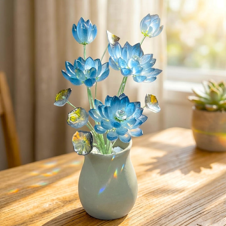 Handmade Glass Lotus Flower Sculpture, Delicate Floral Table Centerpiece for New Home Gift, Serene Window Suncatcher Decor for Plant Lover