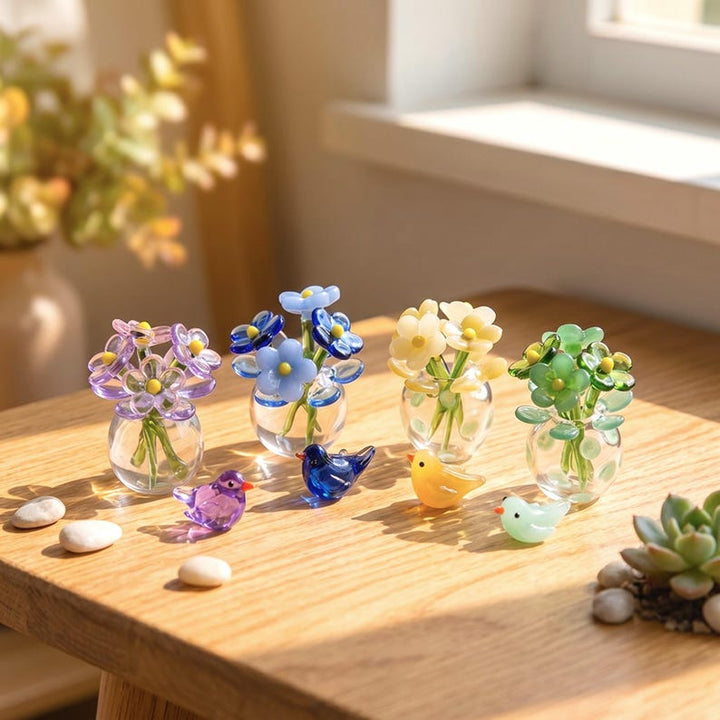 Handmade Miniature Glass Flower Bouquet & Bird Figurine for Mothers Day, Kawaii Floral Vase for WIndow Suncatcher, Teacher Appreciation Gift