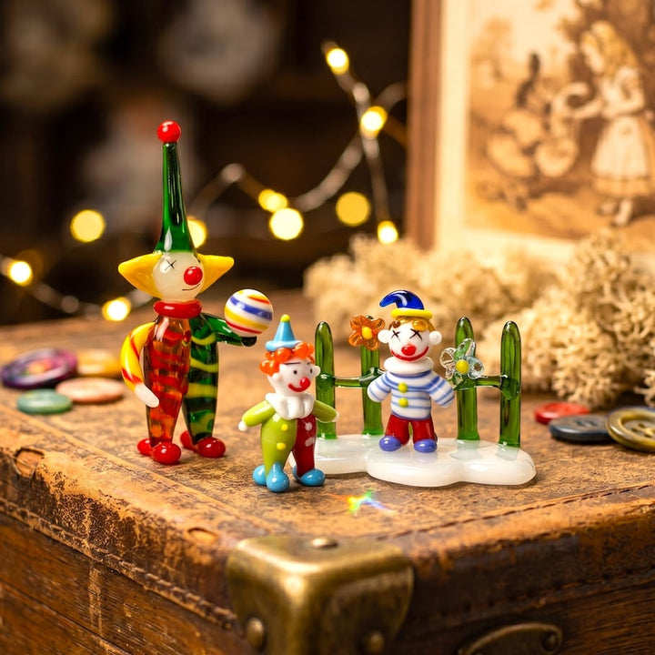 Handblown Miniature Circus Clown Figurines, Floral Glass Fence Base, Playful Carnival Theme Nursery Decor, Quirky Gift for Halloween & Kids