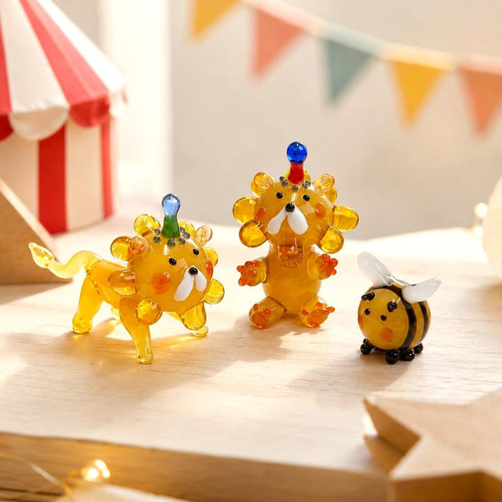 Whimsical Handblown Glass Circus Lion Figurine, Lampwork Cute Bumble Bee Statue, Colorful Nursery Room Decor, Cheerful Animal Lover Surprise