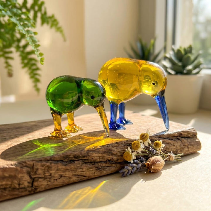 Cute Handblown Glass Kiwi Bird Figurine, Quirky Bookshelf Decor for Kid Room, Housewarming Gift for Nature Lover, Wildlife Window Suncatcher