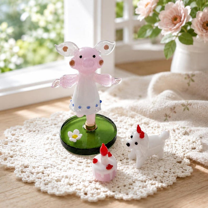 Kawaii Handblown Glass Pig Figurine, Spinning Dancing Piglet Statue, Cute Miniature Dog & Cake, Sweet Gift for Animal Lover, Her Desk Buddy