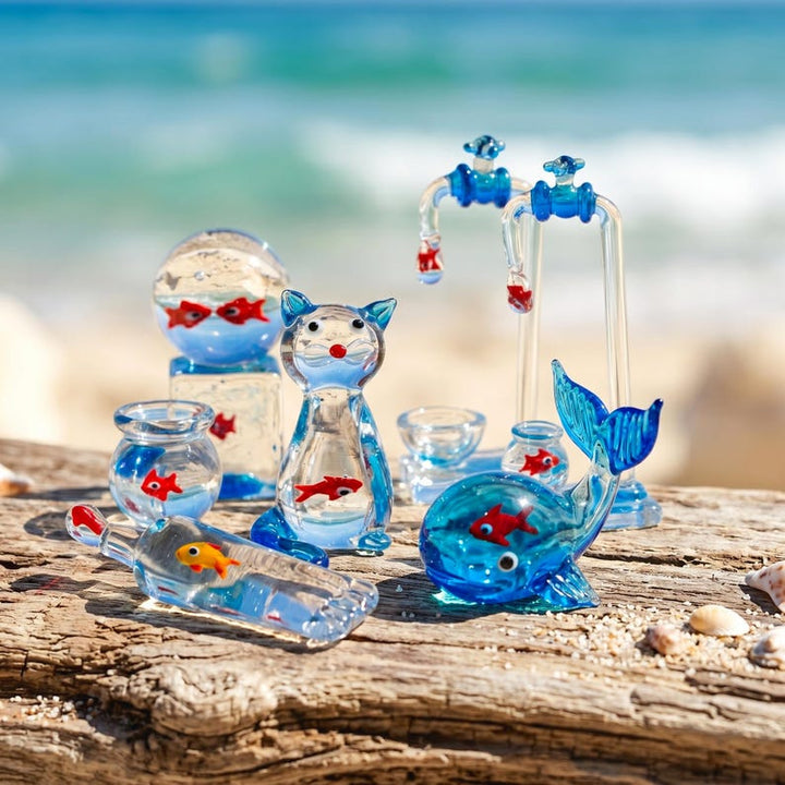 Handblown Glass Miniature Fish Bowl Figurine, Whimsical Goldfish in Whale & Cat, Coastal Beach House Decor, Quirky Summer Gift for Sea Lover