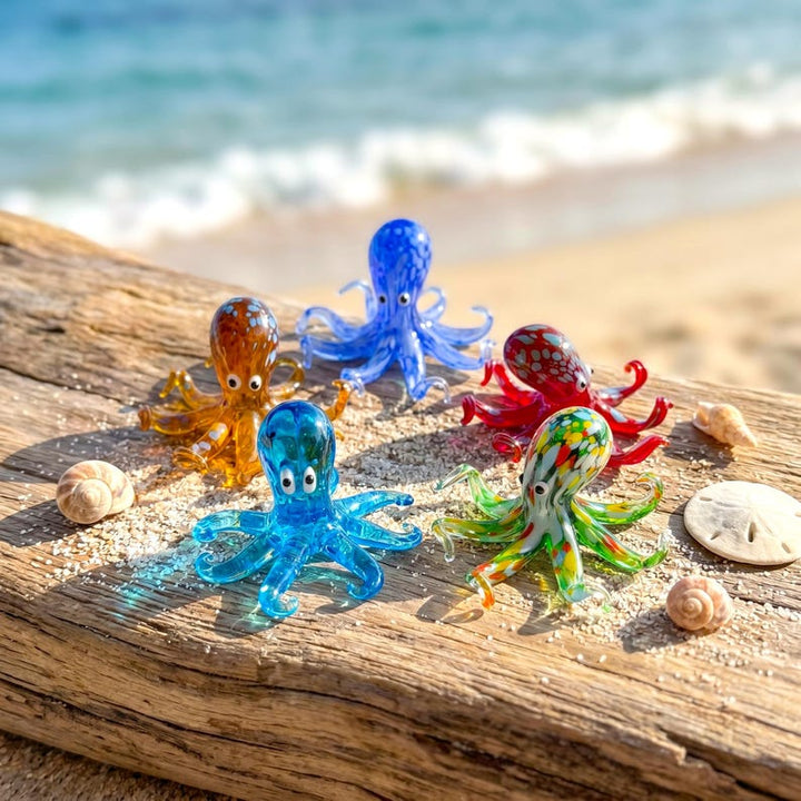 Handblown Lampwork Glass Octopus Figurine, Coastal Beach House Shelf Decor, Tropical Aquarium Animal Display, Bright Nautical Desk Accessory