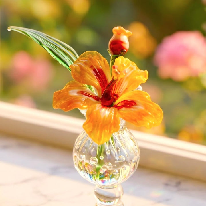 Handblown Miniature Glass Hibiscus in Vase, Cheerful Tropical Flower Window Sill Decor, Elegant Floral Gift for Plant Lover, New Home Gift