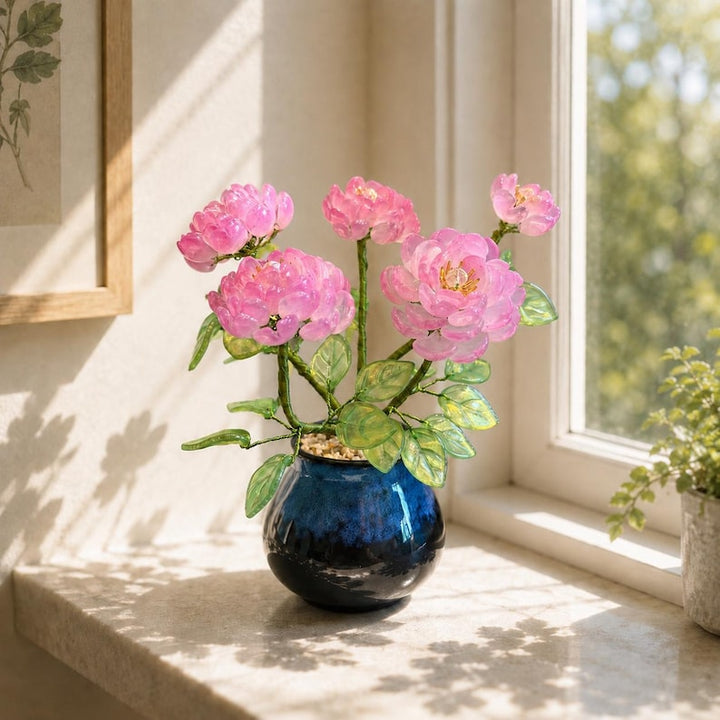 Pink Glass Peony Flowers in Blue Vase, Handmade Eternal Flower – Birthday Gift for Her, Mother's Day Gift