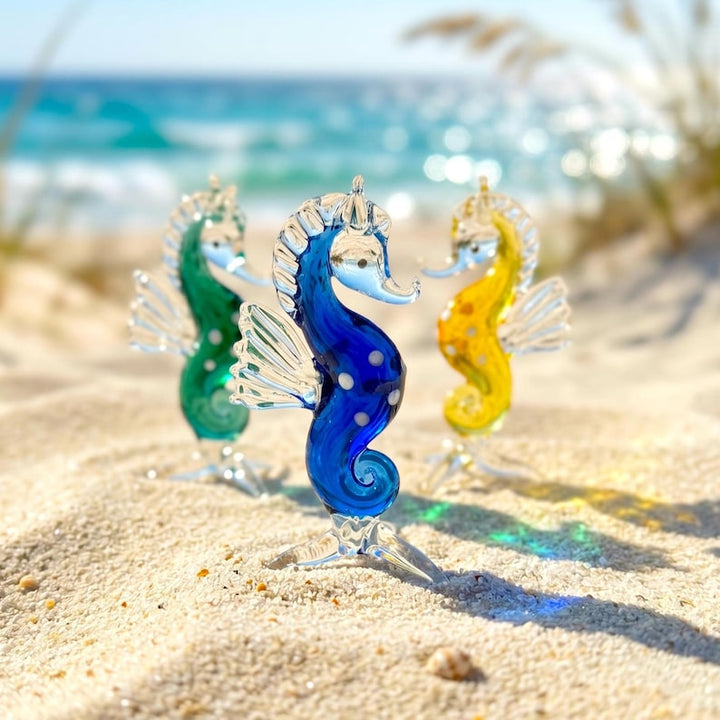 Handblown Glass Sea Horse Sculpture, Coastal Beach House Decor, Nautical Miniature Ocean Animal, Summer Birthday Present, Ocean Lover Gift