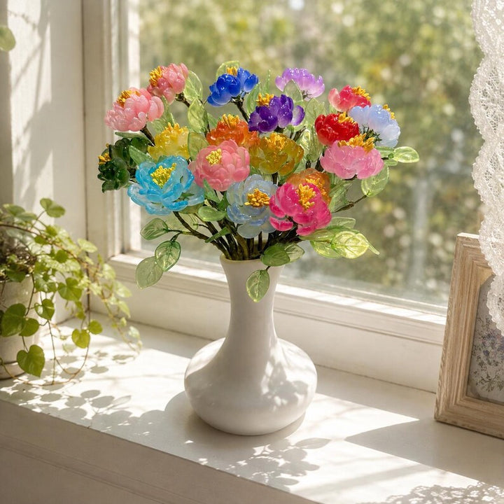 Colorful Glass Peony Eternal Flowers, Handmade Peony Bouquet, – Birthday Gift for Her, Mother's Day Gift