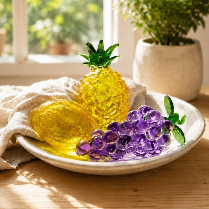 Vibrant Glass Tropical Fruit Set - Pineapple, Grapes, Lemon - Dinning Room Table Centerpiece, Summer Kitchen Island Decor, Housewarming Gift