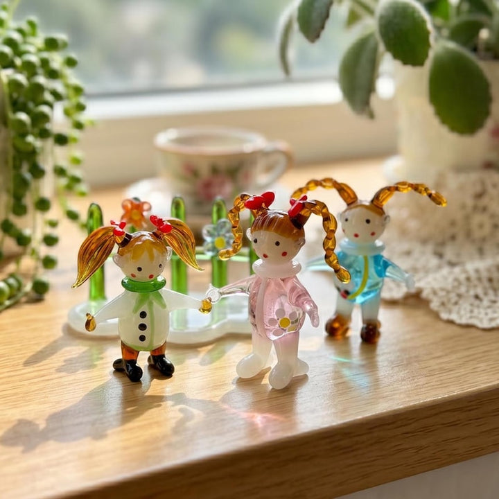 Handblown Miniature Glass Doll Girl, Fairy Garden Floral Fence, Spring Nursery Accent, Sweet Gift for Daughter or Niece, Cute Desk Buddy