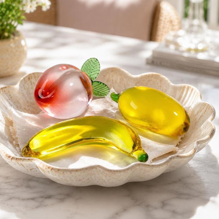 Decorative Glass Fruit Sculpture - Peach, Mango, Banana - Bright Summer Kitchen Accents, Modern Dinning Table Centerpiece, Housewarming Gift